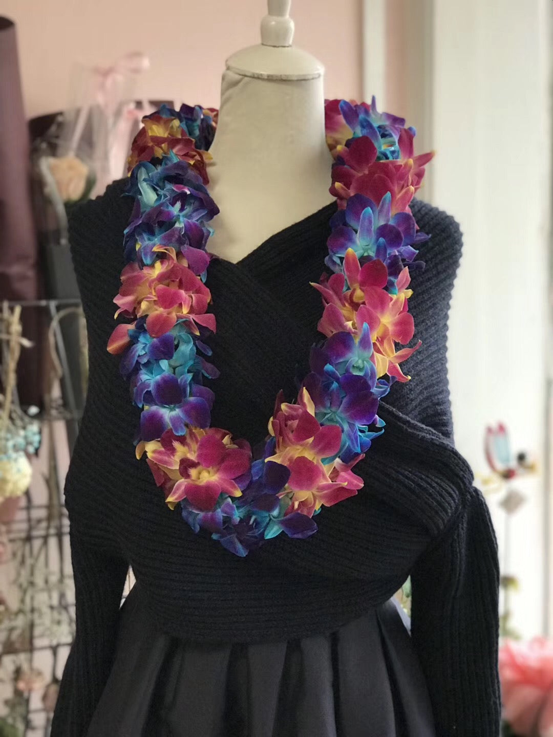 Double Red and Blue Orchid Graduation Leis