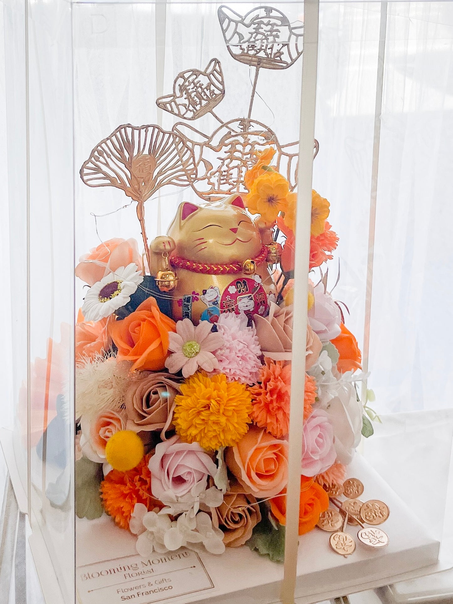 Lucky Cat Soap Flower arrangement in clear box