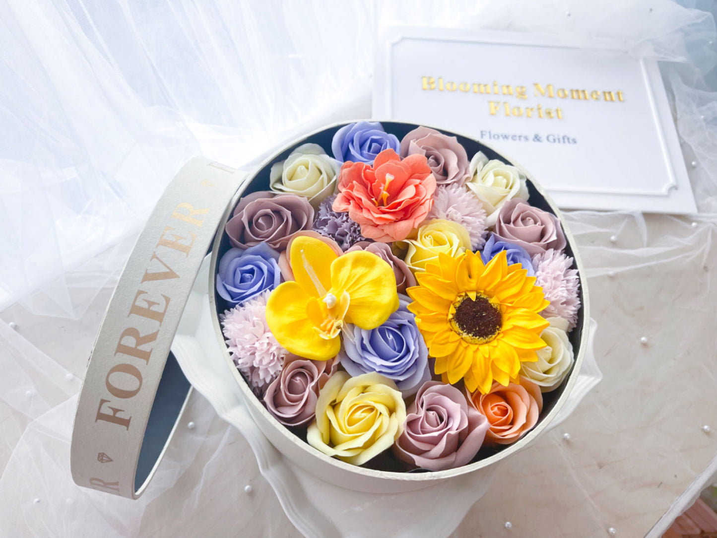 "Mystic Meadow Radiance" Soap Flowers in Round gift box