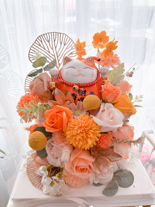 Lucky Cat Soap Flower arrangement in clear box